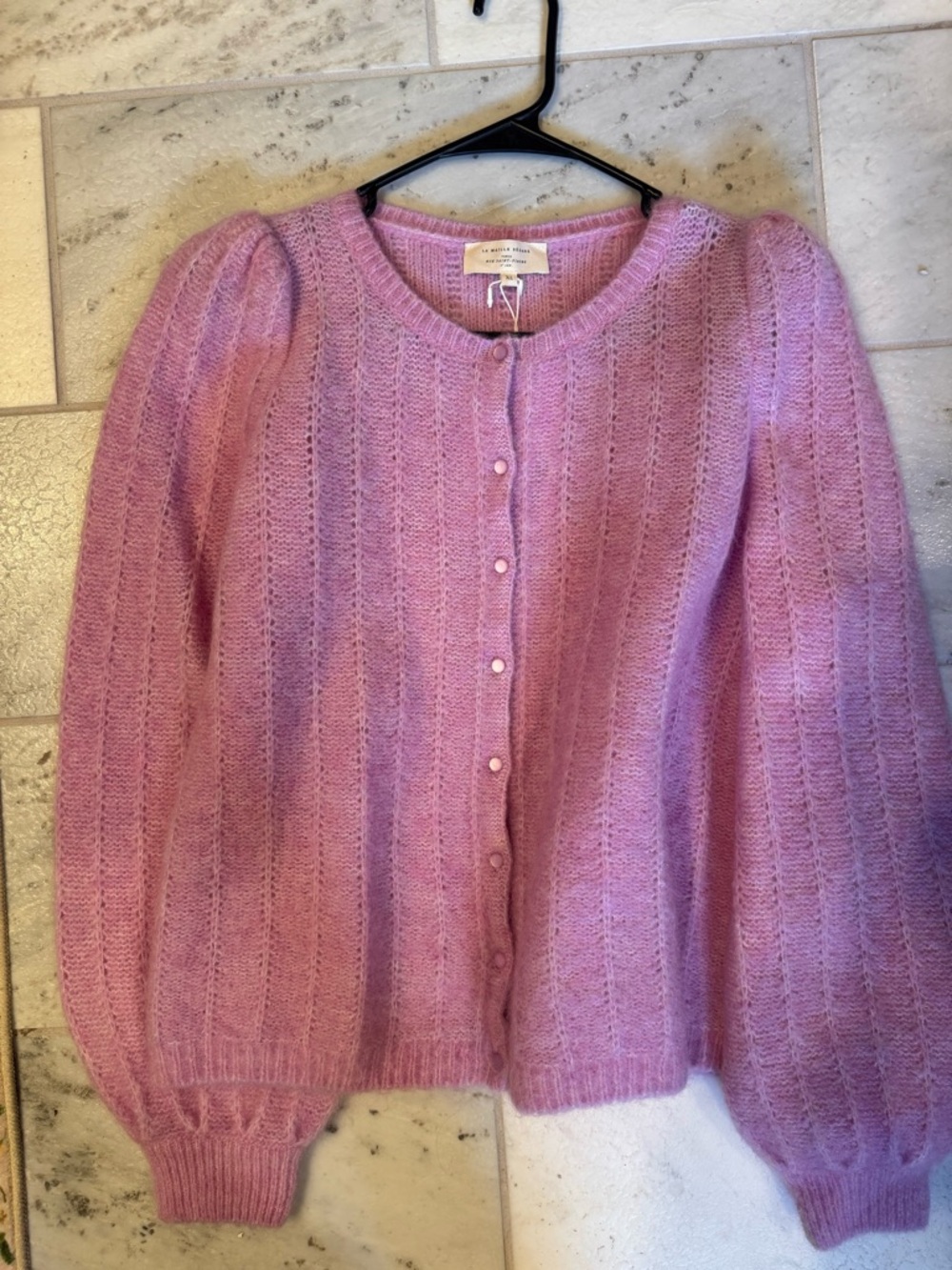 Sezane Lilac Puff-Sleeve Knit Cardigan